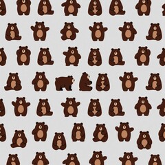 Fototapeta premium Seamless pattern with cute brown bear illustrations on light gray background. Playful teddy bear motif repeat design for kids textile, nursery wallpaper baby clothing. Adorable woodland animals in