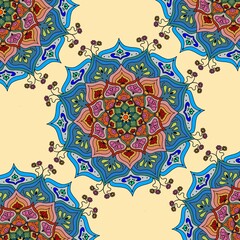 abstract seamless pattern Seamless repeating ethnic mandala pattern with large ornate floral mandalas on a cream beige background. Indian and Moroccan inspired design featuring symmetrical motifs in b © Nittaya