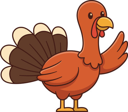 A friendly cartoon turkey waving hello isolated on a white background for thanksgiving holiday design projects