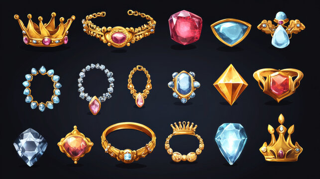 Gold jewelry icons for game. Rings, necklaces, crowns, bracelets and pendants with diamonds and gems. Golden and silver jewel accessories, vector cartoon illustration