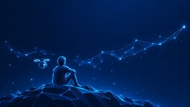 Lone figure sitting on a landscape of data looking at a glowing nebula sky. indigenous peoples' day with starry sky digital landscape future contemplation human meditation. indigenous peoples' day