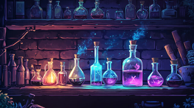 Magic bottle with potion on lab shelf game vector cartoon illustration. Medicine elixir glass flask for Halloween apothecary wooden interior. Rpg interface with chemistry cork jar inventory object