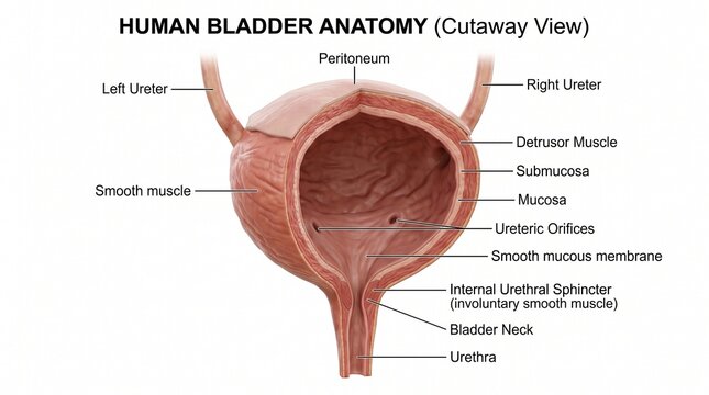 Cutaway view 3D render of human bladder anatomy with labels showing internal muscle layers and ureters on white background