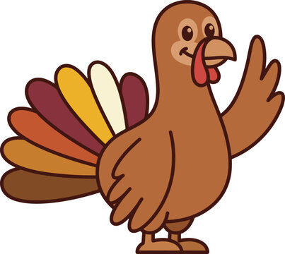 A friendly cartoon turkey waving hello isolated on a white background for thanksgiving holiday design projects