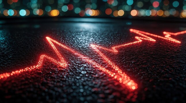 Glowing red heartbeat line pulse wave on dark asphalt road. Neon cardiogram signal shines on wet street surface. Bokeh city lights background at night. Concept of medical tech, emergency life