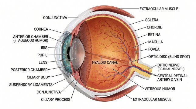 Human Eye Anatomy Detailed Cross Section showing Retina and Optic Nerve