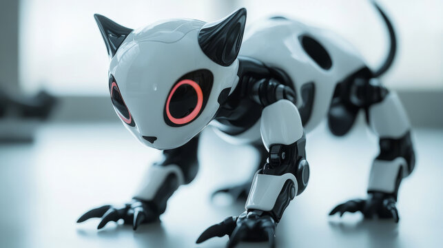 Ai robot character evolution infographic vector. Timeline futuristic innovation progress for companion machine with tail and leg. Creative cat electronic android upgrade generation and level design.