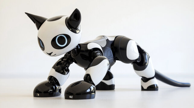 Ai robot character evolution infographic vector. Timeline futuristic innovation progress for companion machine with tail and leg. Creative cat electronic android upgrade generation and level design.