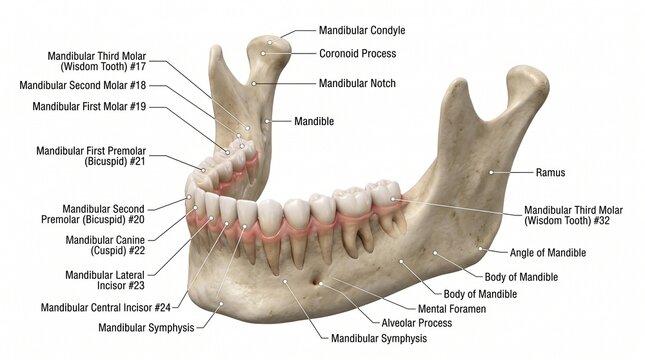 Human Mandible Bone Anatomy with Detailed Labeling of Teeth and Jaw Structure