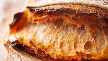 Fototapeta premium Extreme macro of freshly baked bread crust, showing deep cracks, toasted pores, flour particles and rough golden surface texture.