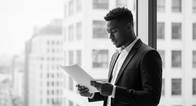 Focused Young Black Professional Man in Suit Reading Document by Office Window with City View