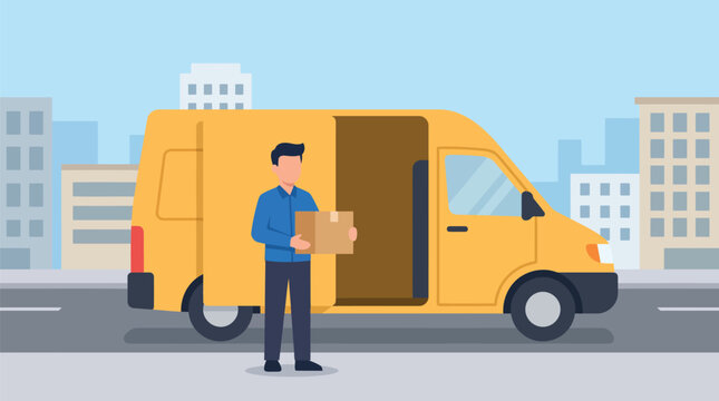 Delivery driver standing next to a yellow van with a package