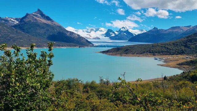 Panoramic view across turquoise Lago Argentino in Patagonia, Argentina, with Perito Moreno Glacier and snow covered Andes peaks on the horizon, surrounded by rugged vegetation beneath a sunny blue sky
