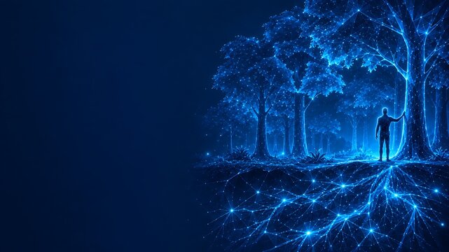 A lone figure standing before a luminous digital forest with glowing root systems. indigenous peoples' day glowing roots cyber woodland luminous trees. indigenous peoples' day
