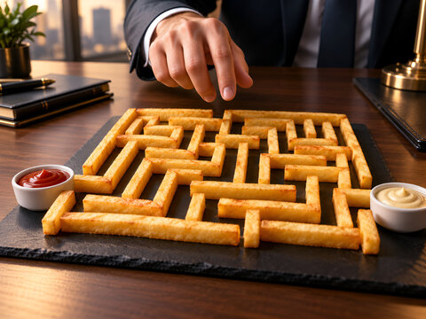 Businessperson Solving a Maze Made of French Fries on a Desk