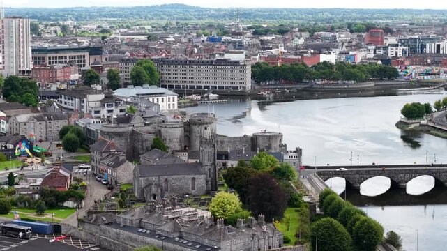 Limerick cityscape over King John's Castle and riverfront. Ireland urban landscape