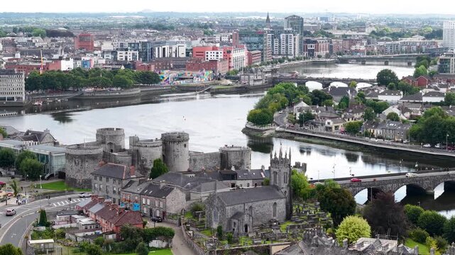 King John's birds eye view to Limerick cityscape with Shannon River. Ireland