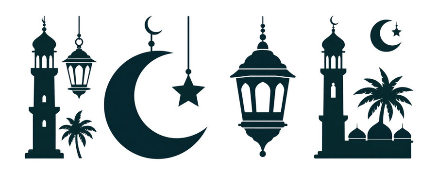 Crescent moon lantern minaret palm tree isolated on white background with clipping path for Ramadan decoration