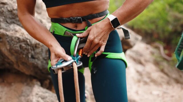 A climber threads a rope through a belay device clipped to a green harness at the base of a rock wall.