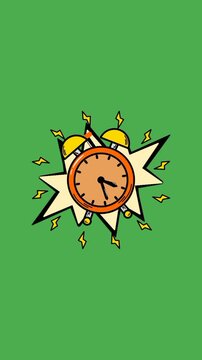 Animated comic pop art orange alarm clock with green screen background, isolated colorful timekeeping concept.