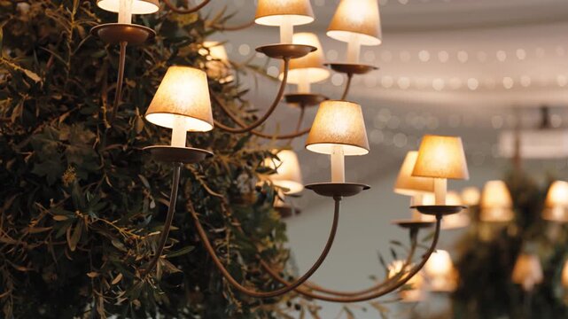 A chandelier with small lampshades wrapped in olive branches hangs in a wedding tent, with string lights across the ceiling behind.