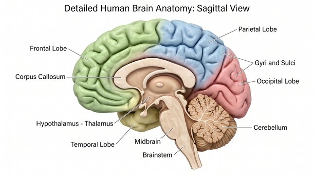 Human Brain Anatomy Sagittal View showing Lobes and Major Structures