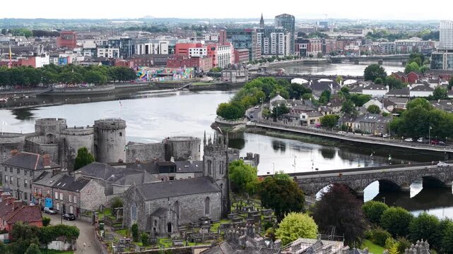 Limerick, Ireland. Drone panoramic of King John's Castle with bridge and waterfront.