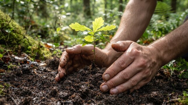 Close up of male hands planting a small green oak tree sapling in forest soil
