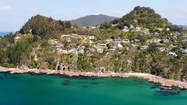 Aerial view of houses on Mount Paku in Tairua, Coromandel. New Zealand coastal scenery.