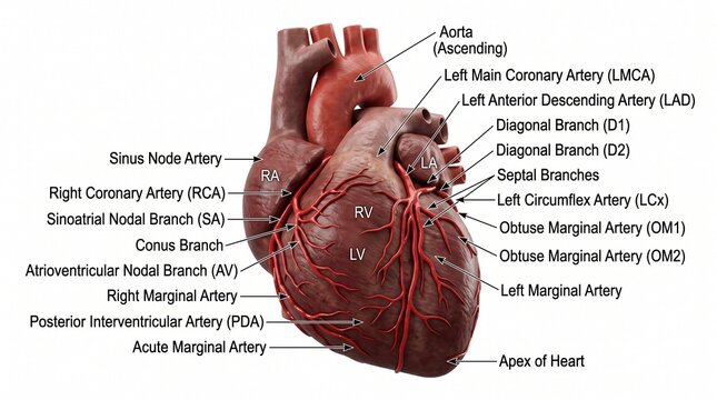 Anatomy of the Human Heart and Coronary Artery System Diagram