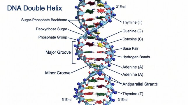 Microscopic View of DNA Double Helix Structure and Molecular Components