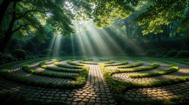 Stone labyrinth path in green forest. Sun rays shine through trees onto circular maze pattern. Peaceful garden offers quiet space for meditation, mindfulness, spiritual journey. Calm nature setting