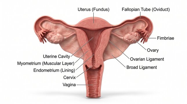 Female reproductive system anatomical 3D render cross section showing uterine wall layers on white background