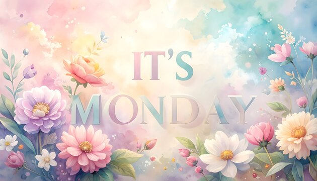 Mensaje IT'S MONDAY rodeado de flores pastel sobre fondo luminoso