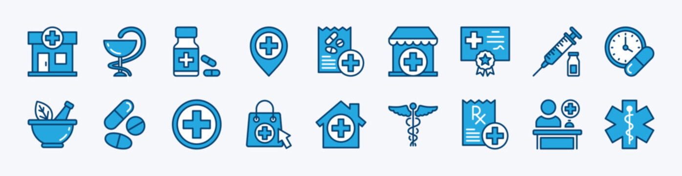 Set of pharmacy icon. Contains medicine, medical prescription, caduceus snake, clinic, syringe, herb, map pin location, pill, store, certification, clock, receptionist - vector illustration