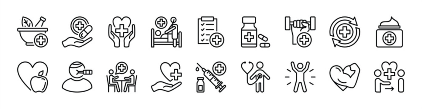 Treatment thin line icon set. Contains herbs, herbal concoction, examining report, medicine, sport, healthy food, healthcare, consultation, sick, syringe, cream - vector illustration