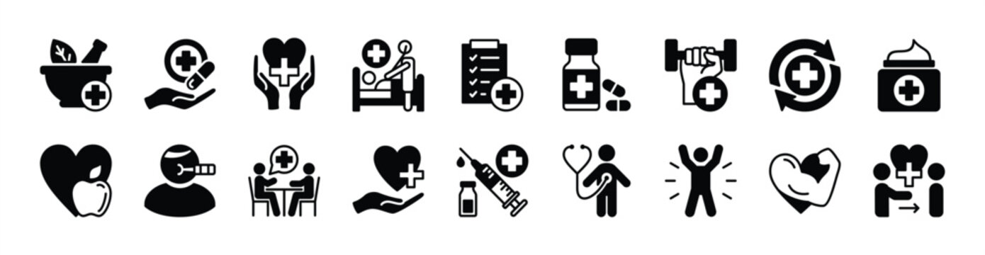 Treatment icon vector set. Contains healthy food, healthcare, herbal concoction, herbs, examining report, medicine, sport, consultation, sick, syringe, cream - illustration