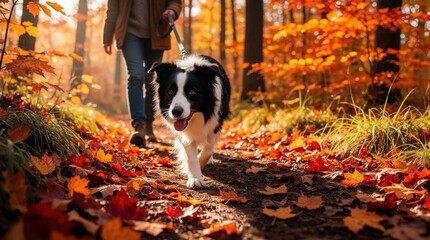 Obraz premium Border collie walks on leash with owner through colorful autumn forest. Happy black, white dog runs on trail covered in red maple leaves. Person leads pet during fall hike in sunny woods. Active
