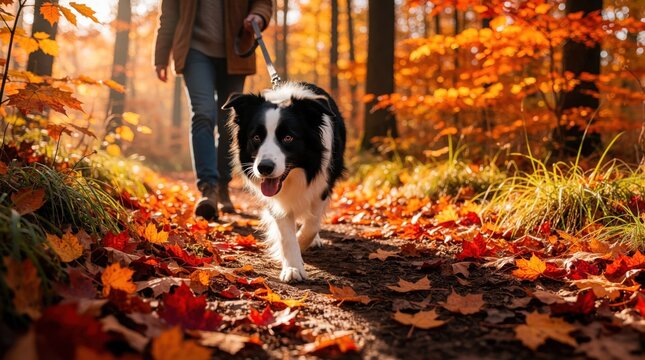 Border collie walks on leash with owner through colorful autumn forest. Happy black, white dog runs on trail covered in red maple leaves. Person leads pet during fall hike in sunny woods. Active