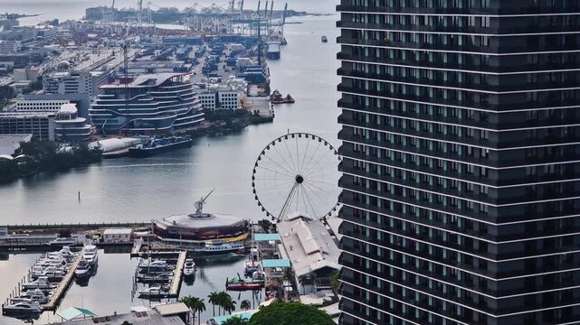 Miami Florida USA, Bayfront Park, Ferris Wheel and Port on Dodge Island View