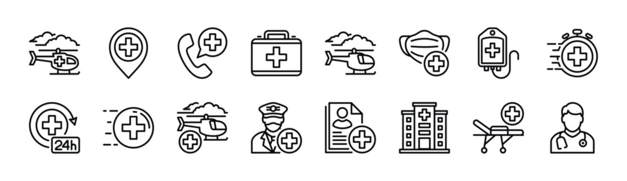 Helicopter thin line icon set. Contains ambulance, 24 hour emergency call, hospital, trolley bed, first aid kit, pilot, safety rescue, blood donor, map pin location, doctor, mask - vector illustration
