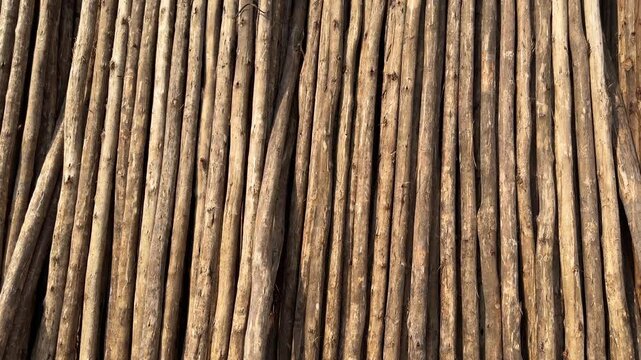 Stacked wooden poles timber background texture 4k video footage