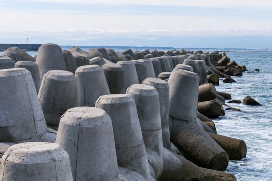 Concrete tetrapod breakwater protecting coastline from ocean waves