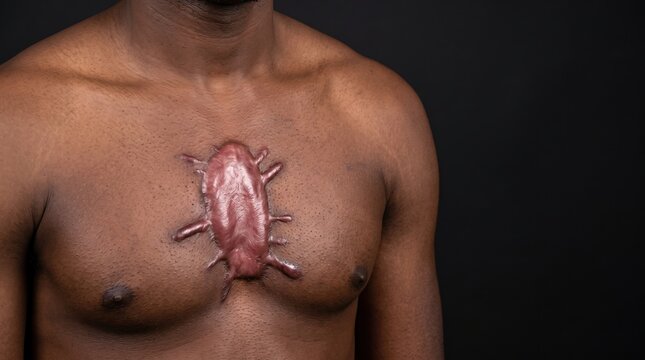 Severe raised keloid scar on male chest after surgery or injury
