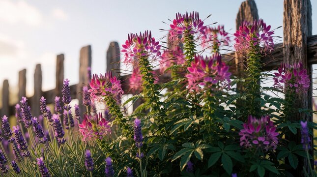 Close up of blooming purple lavender, pink cleome flowers. Wildflowers grow near rustic wooden fence in garden. Natural sunlight shines on summer flora in countryside. Beautiful seasonal plants