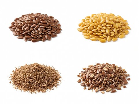 Four piles of different grains including flaxseed millet buckwheat and quinoa