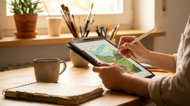 Artist drawing landscape illustration on digital tablet with stylus pen at wooden table in studio