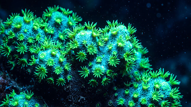 Coral polyp fluorescent neon green cyan UV night macro texture