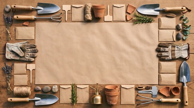 Gardening tools and seeds frame on wooden background.