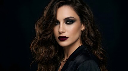 Fototapeta premium A stunning young woman with dramatic makeup and wavy dark hair poses for a fashion beauty portrait in studio lighting